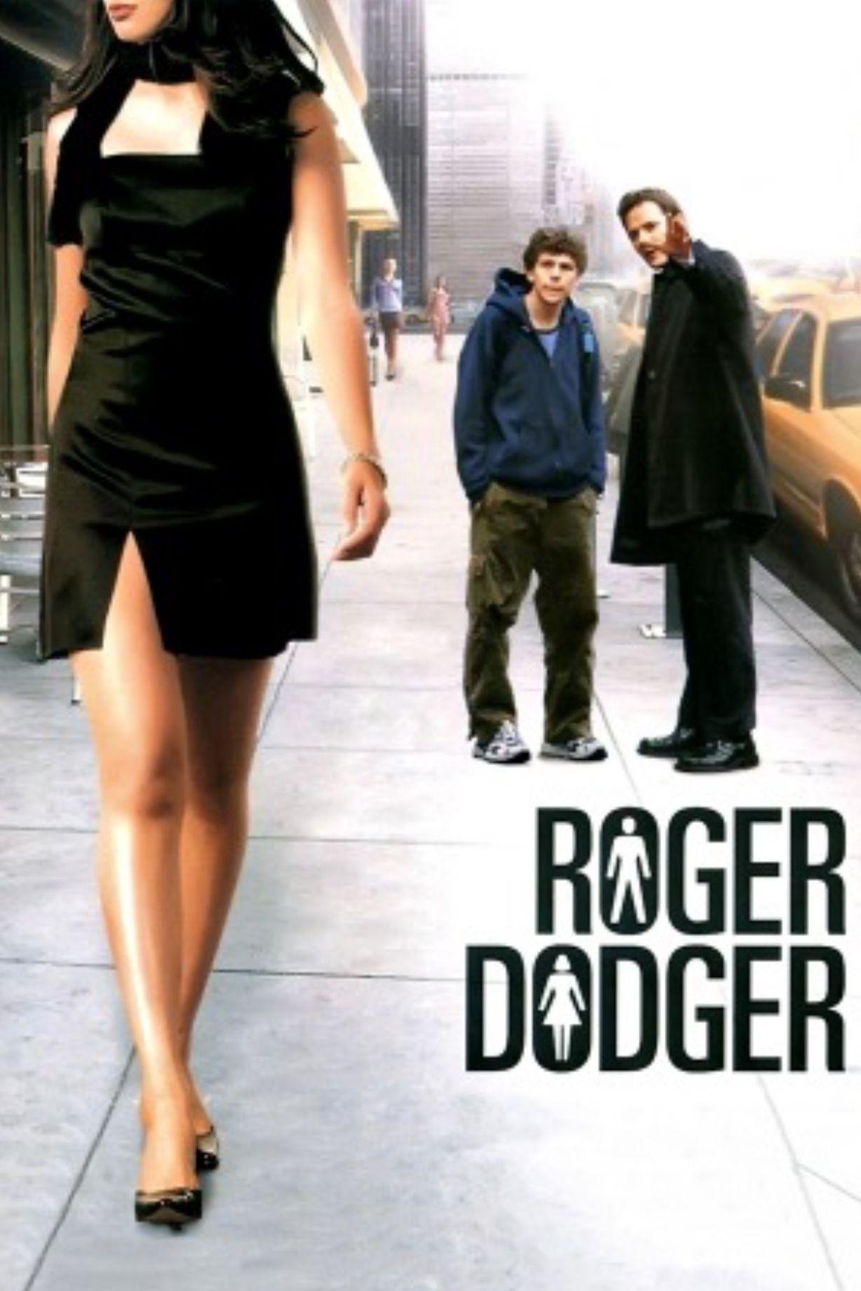 Woman in black dress walking on city sidewalk with Roger Dodger movie title overlay.